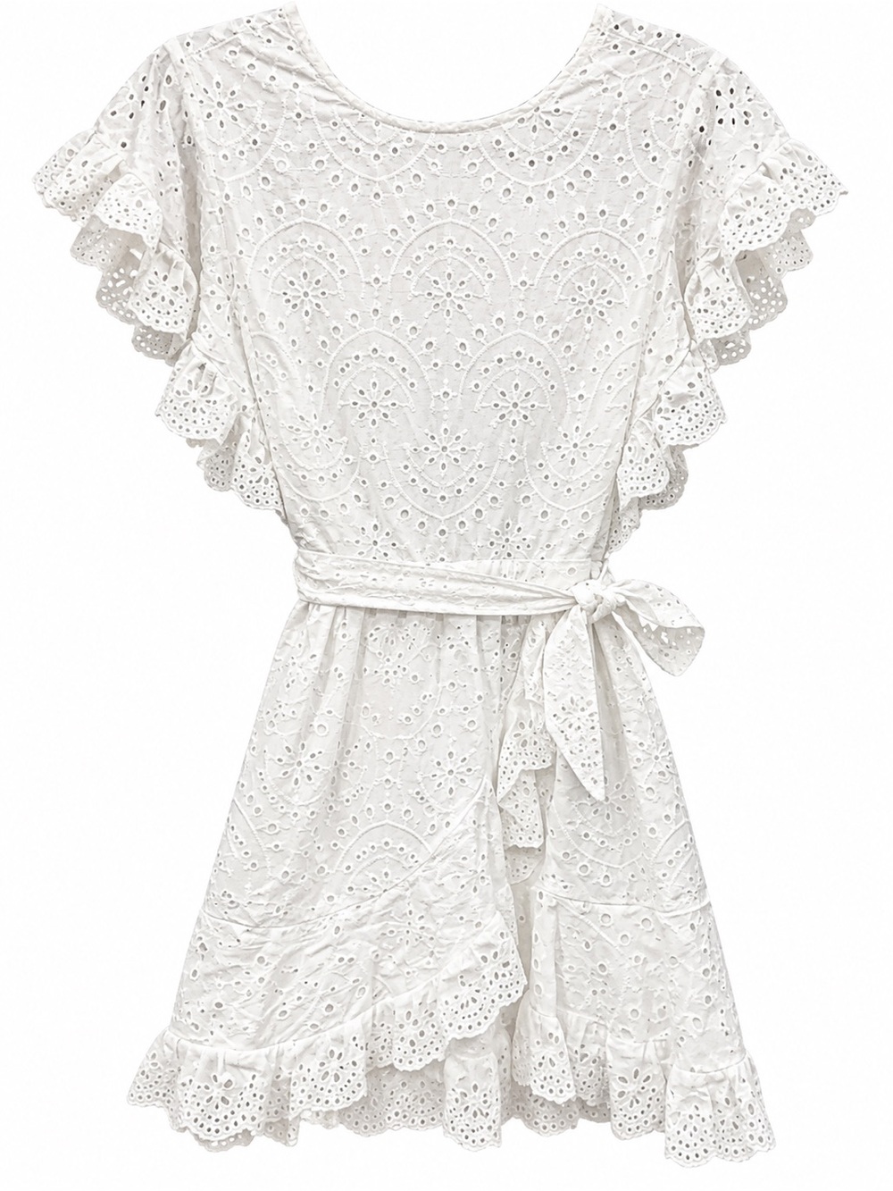 Girls' White Eyelet Ruffle Dress with Waist Tie